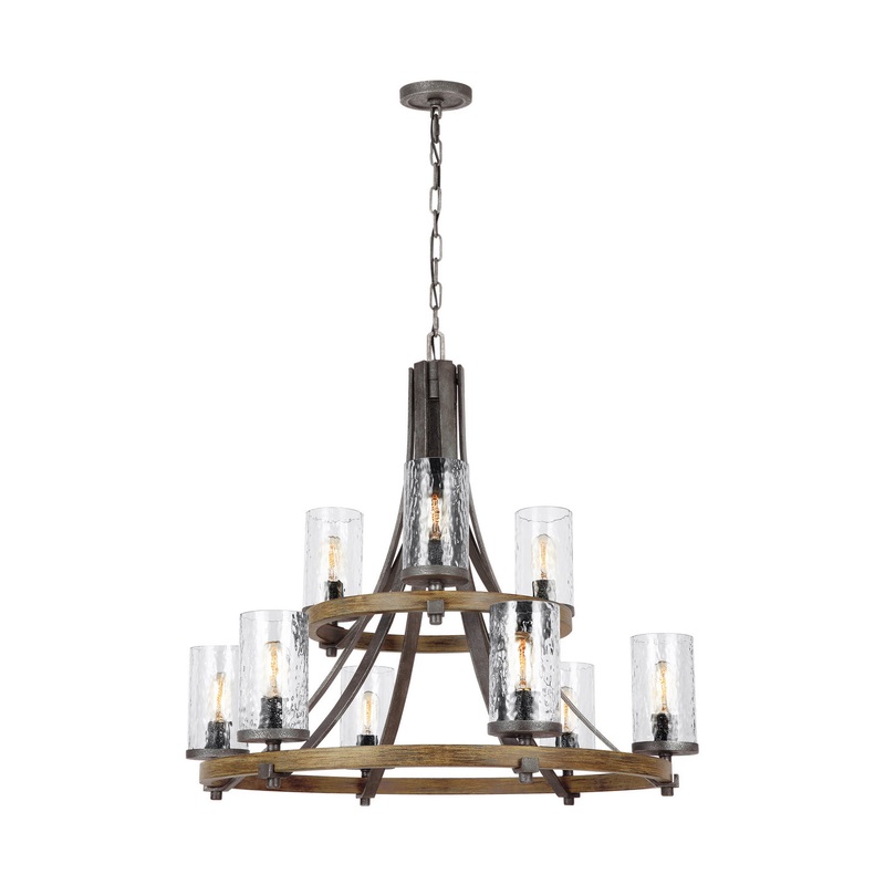 Visual Comfort Studio F3135/9DWK/SGM Angelo Nine Light Chandelier, Distressed Weathered Oak / Slate Grey Metal