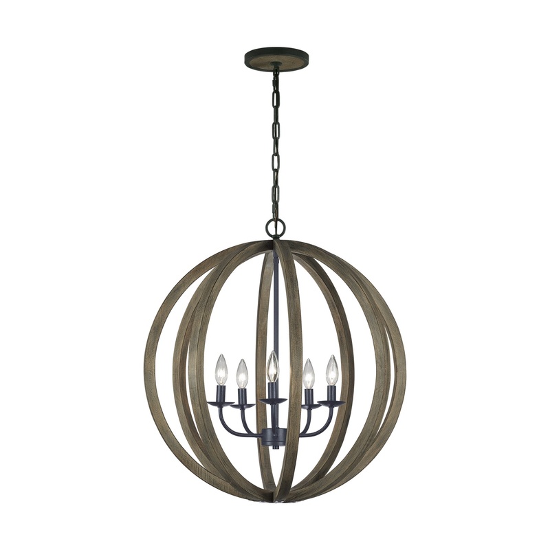 Visual Comfort Studio F2936/5WOW/AF Allier Five Light Pendant, Weathered Oak Wood / Antique Forged Iron