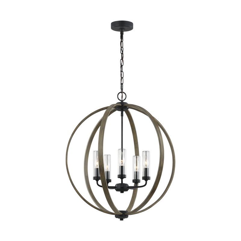 Visual Comfort Studio OLF3294/5WOW/AF Allier Five Light Outdoor Chandelier, Weathered Oak Wood / Antique Forged Iron