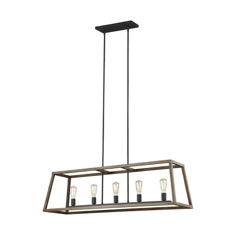 Visual Comfort Studio F3193/5WOW/AF Gannet Five Light Linear Chandelier, Weathered Oak Wood / Antique Forged Iron