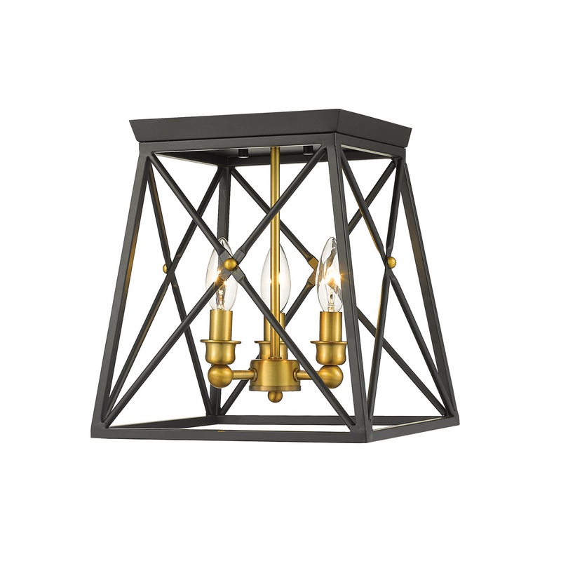 Z-Lite 447F11-MB-OBR Trestle Three Light Flush Mount, Matte Black / Olde Brass