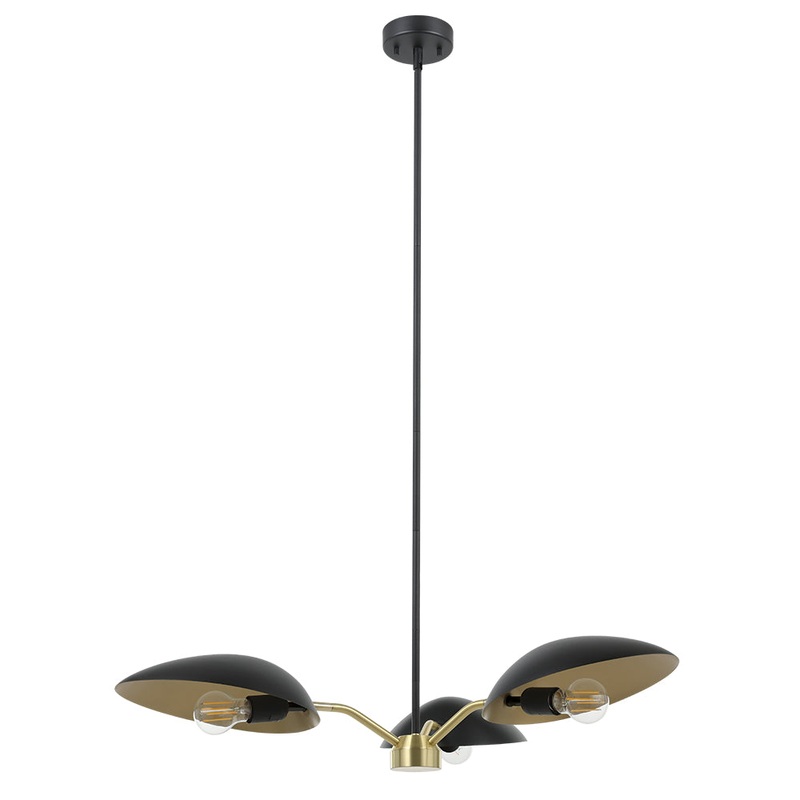 EGLO 205764A Lindmoor 3 LT Chandelier Black Finish with Brushed Brass Accents and Black Metal Shades. 3-60W E26 Bulbs
