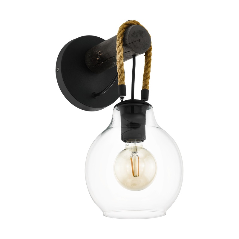 EGLO 43619A Roding Rodding 1 Light Wall Sconce with Structured  Black Finish, Brown Roping and Clear Glass Shade, 1x60W A19 Bulb
