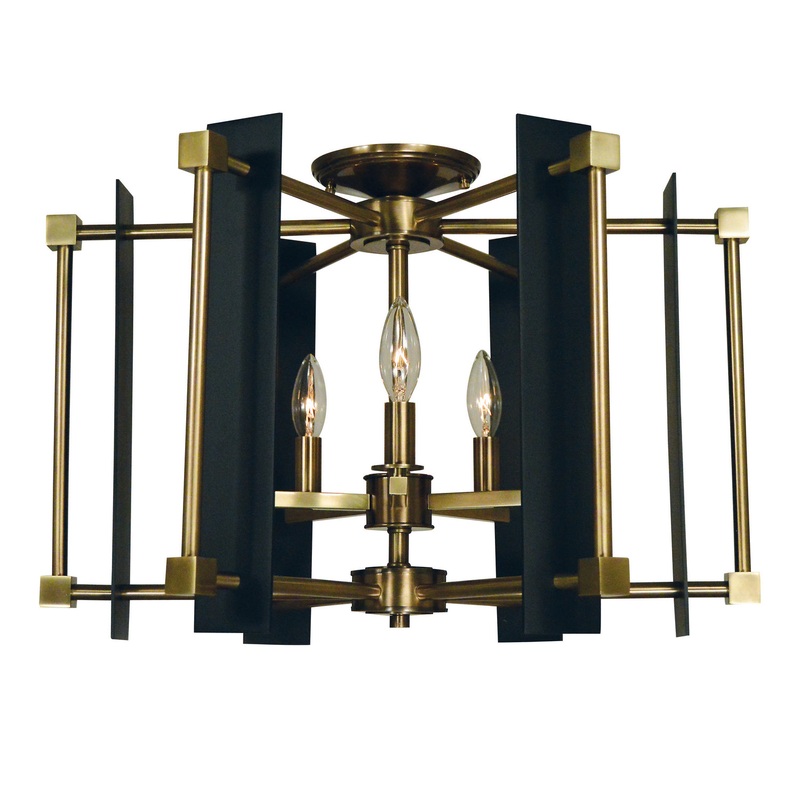 Framburg 4803 AB/MBLACK Louvre Five Light Flush / Semi-Flush Mount, Antique Brass with Matte Black Accents