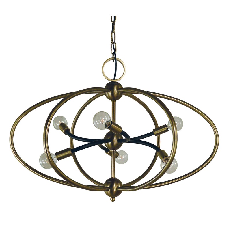 Framburg 4948 AB/MBLACK Orbit Six Light Chandelier, Antique Brass with Matte Black Accents