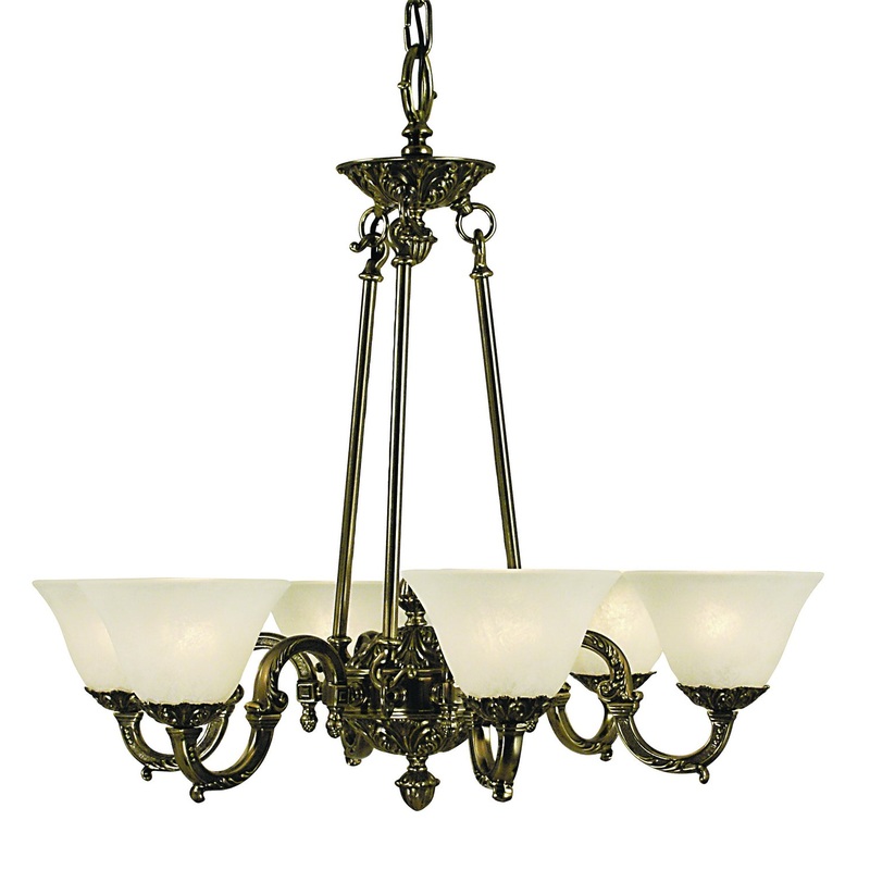 Framburg 7886 FB/WH Napoleonic Six Light Chandelier, French Brass with White Marble Glass Shade