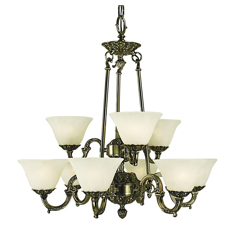 Framburg 7889 FB/WH Napoleonic Nine Light Chandelier, French Brass with White Marble Glass Shade