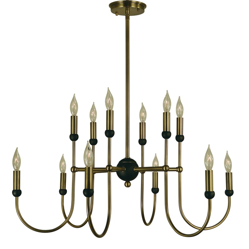 Framburg 4798 AB/MBLACK Nicole 12 Light Chandelier, Antique Brass with Matte Black