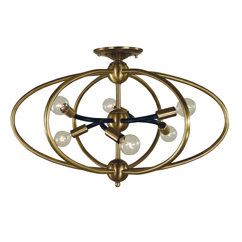 Framburg 4947 AB/MBLACK Orbit Six Light Flush /Semi Flush Mount, Antique Brass with Matte Black Accents