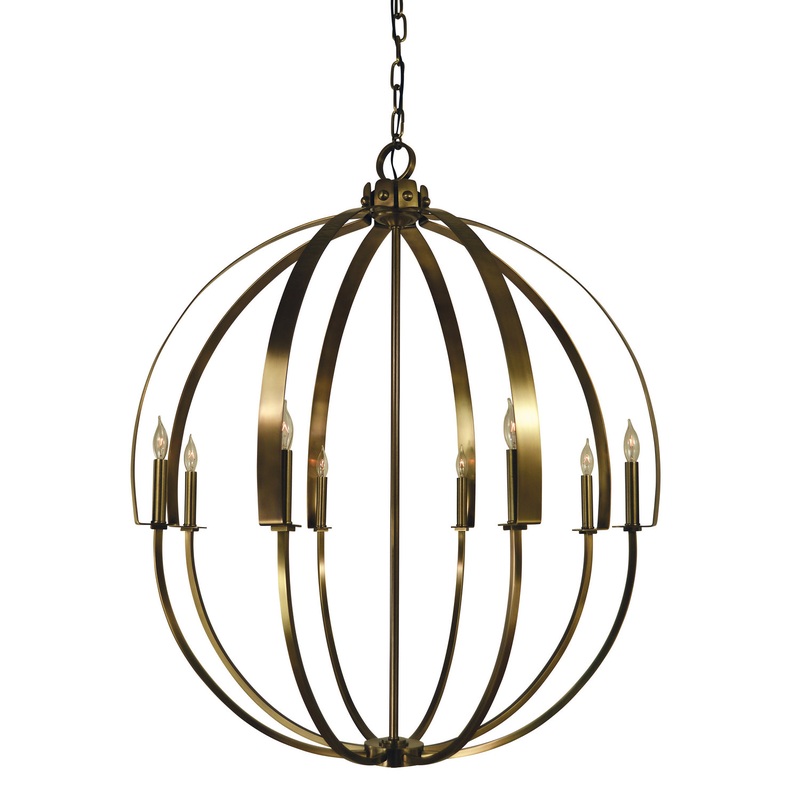 Framburg 4728 AB Luna Eight Light Foyer Chandelier, Antique Brass