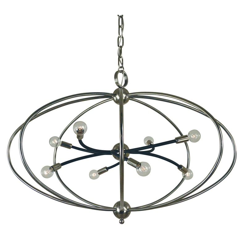 Framburg 4949 PN/MBLACK Orbit Eight Light Chandelier, Polished Nickel with Matte Black Accents