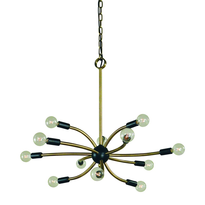 Framburg L1072 AB/MBLACK Comet 12 Light Chandelier, Antique Brass with Matte Black Accents